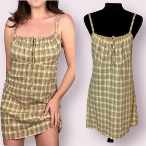 UO Urban Outfitters Linen Blend Gray & Yellow Gingham Plaid Mini Dress Medium